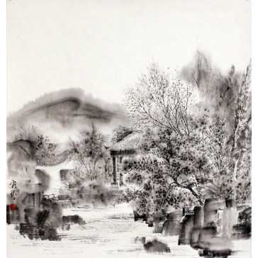 An Ping Ping "Kleines Haus in den Bergen", chinesische Malerei