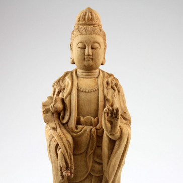 Holzskulptur "Guan Yin mit Lotus", chinesische Holzfigur Kwan Yin
