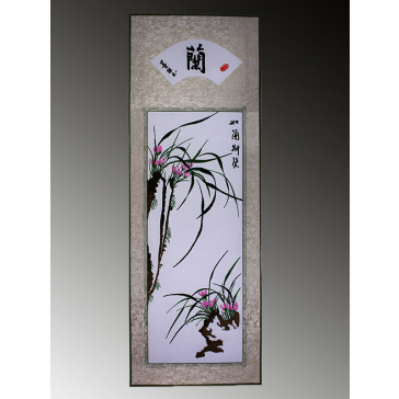 Stickbild Stoffbild chinesische Blumen "Orchidee" Stickkunst Stickerei 