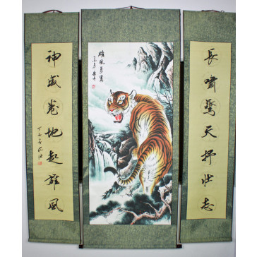 Tiger Rollbild mit chinesischer Kalligraphie, Bildrollen-Set