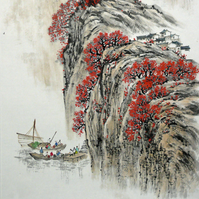 Wandbild-Set: Traditionelle Chinesische Tuschemalerei – Rote Pflaumenblüte Am Bergsee