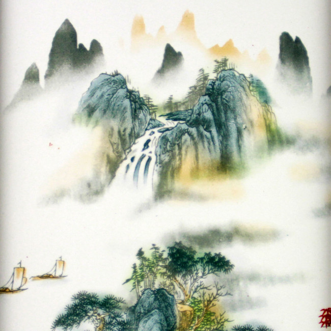 Chinesischer Aquarell-Wandteppich – Landschaft Mit Bergen, Wasserfall & Kranichen