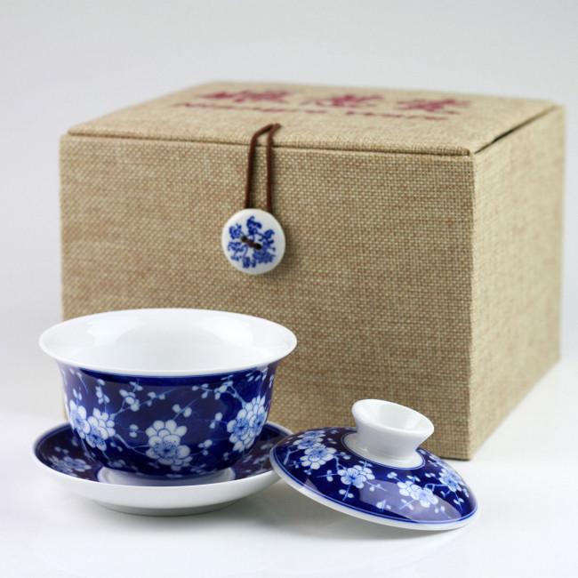 chinesisches traditionelles Teegeschirr 180 ml Gaiwan-Kungfu-Teeschale mit Deckel und Untertasse QMFIVE Teetassen-Set Lotus blaues und wei/ßes Porzellan