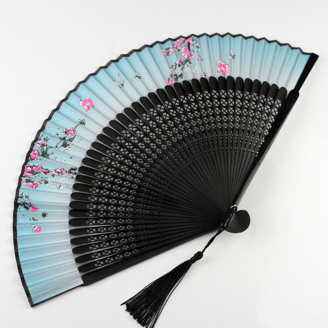 Echter Chinesischer Handfächer Mit Kirschblüten-Motiv – Aus Seidenkarton & Holz, Auch Als Deko