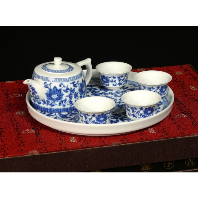 Keramik Teeurne blau-weiß Chinesische Porzellan Teedose Lotosblumen mit Vogel 