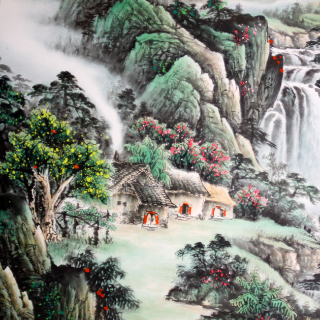 querformat Rollbild Bildrolle chinesische Landschaftsmalerei "Wasserfall" 