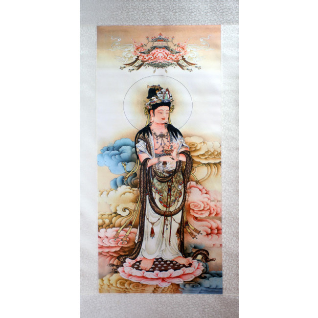 Chinese Buddhismus Tuch Seide Reiten Drache Guangyin Kwan-yin Thangka Wandbild 