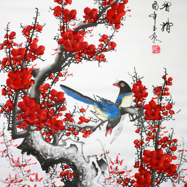 Bild China querformat Rollbild chinesische Bildrolle "Pflaumenblüte und Vögel" 