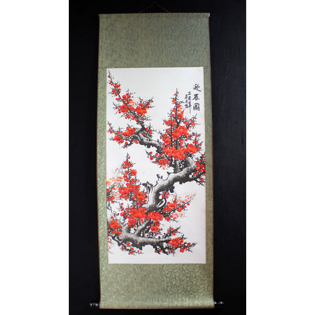 Bildrolle Hängerolle China Rollbild Pflaumenblüte schwarz weiß mit Kalligraphie 