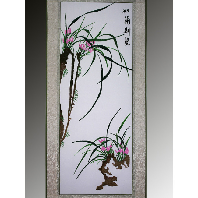 Stickkunst Stickbild Stoffbild chinesische Blumen "Orchidee" Stickerei