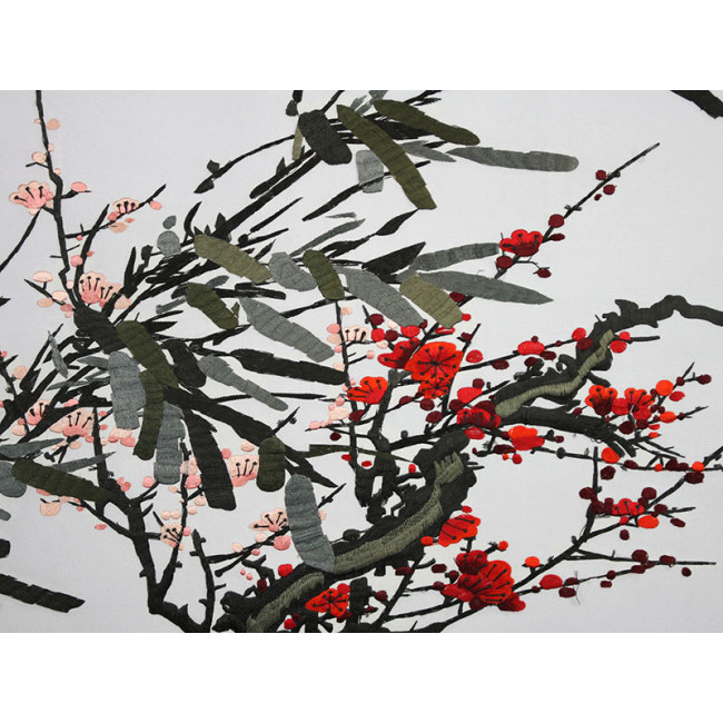 Stickbild Stoffbild "Vogel im Pflaumenbaum" chinesische Stickerei Stickkunst 