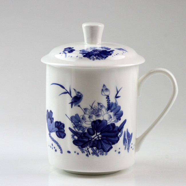 Teetasse Porzellan mit Deckel, chinesische Teetasse blau-weiss