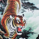 Tiger Rollbild mit chinesischer Kalligraphie, Bildrollen-Set (3-teilig)