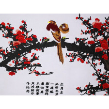 Stickbild "Roter Vogel im Pflaumenbaum"